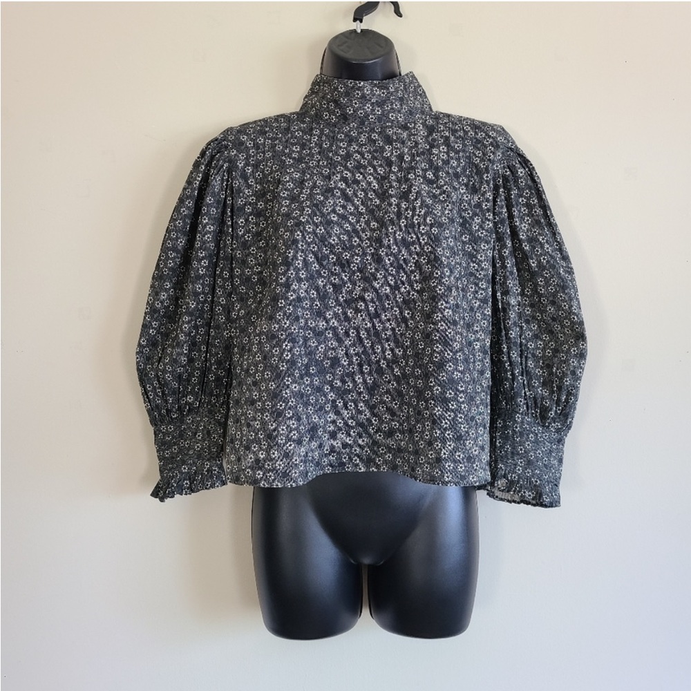 LoveShackFancy Floral Mock Neck Puff Sleeve Blouse S
